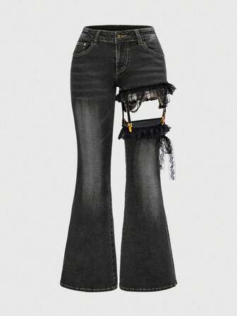 J-Fashion Y2K Harajuku Gyaru Millennium Baddie Spitze Patchwork Super Tief Taillierte Vintage Skinny Super Große Größen Jeans