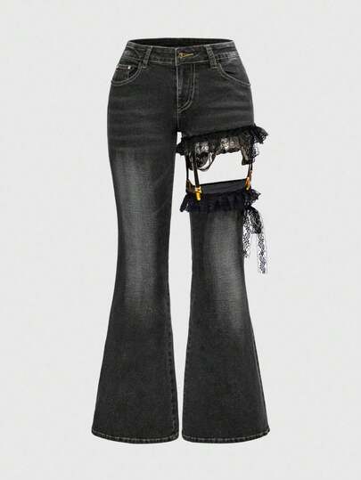 J-Fashion جينز نحيف بخصر منخفض جدًا بتصميم رقعي من الدانتيل بطراز هاراجوكو جيرلو ألفية الجديدة بحجم كبير جدًا