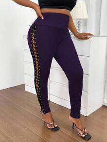 Maweii Plus Size Contrast Color High Waist Eyelet Lace-Up Leggings - Purple - View 3