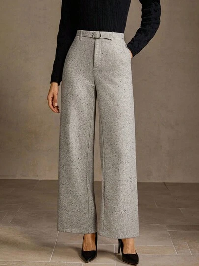 MOTF PREMIUM Pantalones de traje de pierna ancha con bolsillos en diagonal, hebilla y cinturón