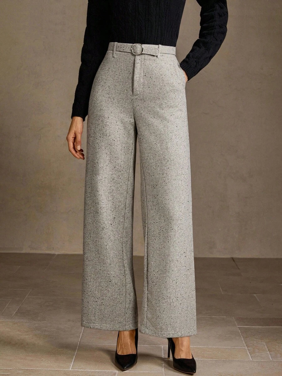 MOTF PREMIUM 斜口袋扣腰带阔腿西装裤 - 灰色 - 查看 1