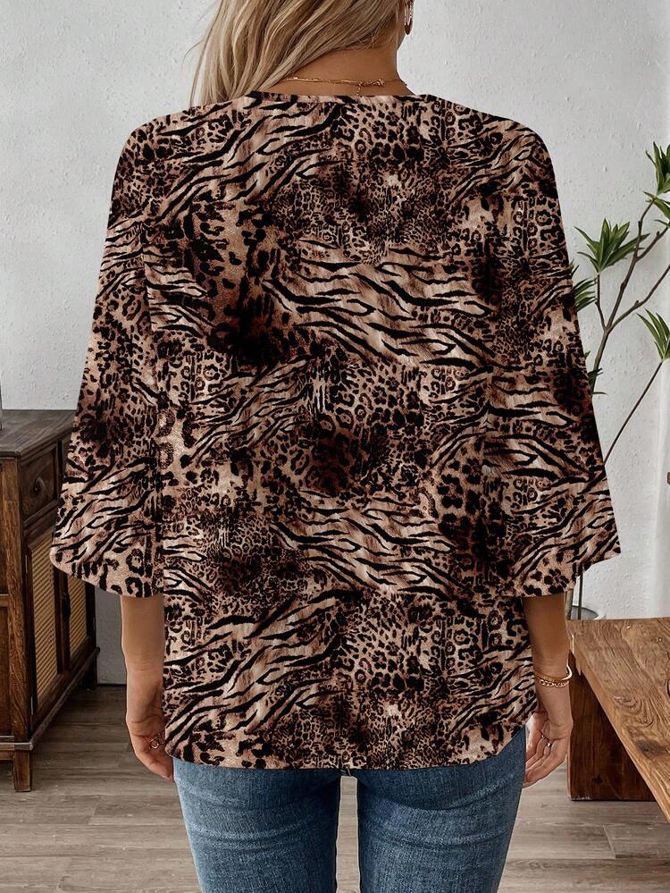 Women's 3/4 Sleeve V-Neck Work Blouse, Spring/Autumn Brown Blouses