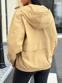 Chaqueta vaquera con capucha de unicolor casual para mujer - Caqui - Ver 2