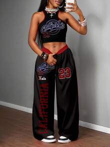 Slaydiva Bộ 2 món đồ thời trang đường phố đơn giản cho nữ, áo hai dây bó sát và quần ống rộng, thích hợp mặc dạo phố - màu đen - Xem 3