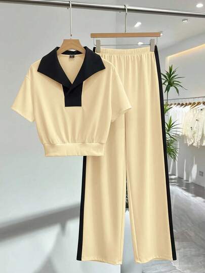 GlowEve 女士时尚休闲撞色两件套，宽松蝙蝠领短袖运动衫和高腰抽绳宽松直筒裤