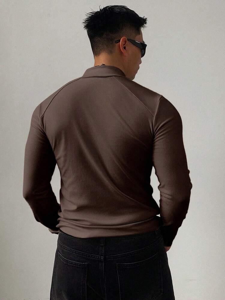 Men's Solid Color Slim Fit Sports T-Shirt, Brown, Autumn Quarter Zip Men