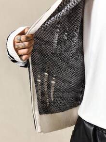 ROMWE MEN Street Life Men's Zebra Pattern Drop Shoulder Long Sleeve Distressed Fuzzy Hooded Cardigan, Autumn/Winter - Black and White - View 8