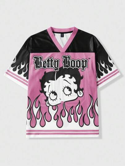 Betty Boop | ROMWE Men's Colorblock Flame & Cartoon Graphic V-Neck Short Sleeve T-Shirt, Summer