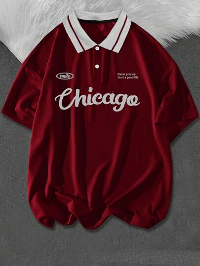 Aesthetic Post Plus Size Men's Slogan Print Contrast Color Casual Commuter Short Sleeve Polo Shirt Chicago Jersey College Style Pattern Polo Men Burgundy Jersey Rugby Shirt Polo Red Jersey Shirt