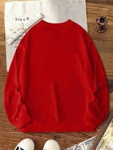 Glissea Sudadera casual de mujer con cuello redondo, diseño minimalista y versátil, de corte holgado con decoración navideña en forma de corazón, para otoño/invierno - Rojo - Ver 2