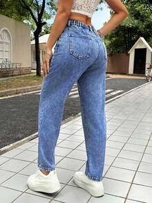 SHEIN PETITE 女士休闲修身锥形七分牛仔裤，蓝色低腰宽松牛仔裤，喇叭裤型女式牛仔裤，娇小款女式牛仔裤 - 中等水洗藍 - 查看 7