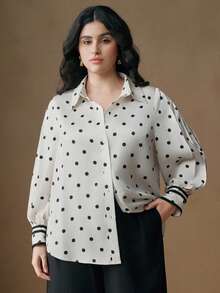 Anewsta Polka Punkt Kontrast Kragen Langarm Bluse in Große Größen, Lässig Resort Stil, geeignet für Herbst, Winter, Neujahr, elegant, schick, stilvoll, Weihnachten, Ausgehen - Schwarz und Weiss - Übersicht 5