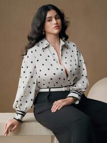 Anewsta Polka Punkt Kontrast Kragen Langarm Bluse in Große Größen, Lässig Resort Stil, geeignet für Herbst, Winter, Neujahr, elegant, schick, stilvoll, Weihnachten, Ausgehen - Schwarz und Weiss - Übersicht 7