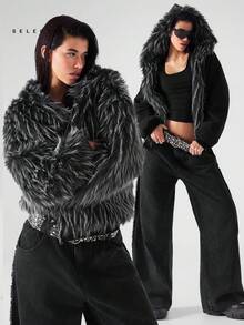 LYSMO SELECTION 2025 New Arrive Minimalism Fall Women's Winter Long Sleeve Zip-Up Hooded Faux Fur Jacket Winter Coat Women Outerwear Hooded Fur Coat Grunge And Punk Chic, Y2K Clothes For Going Out Outfits, Streetwear, And Stockholm Style Halloween Costumes