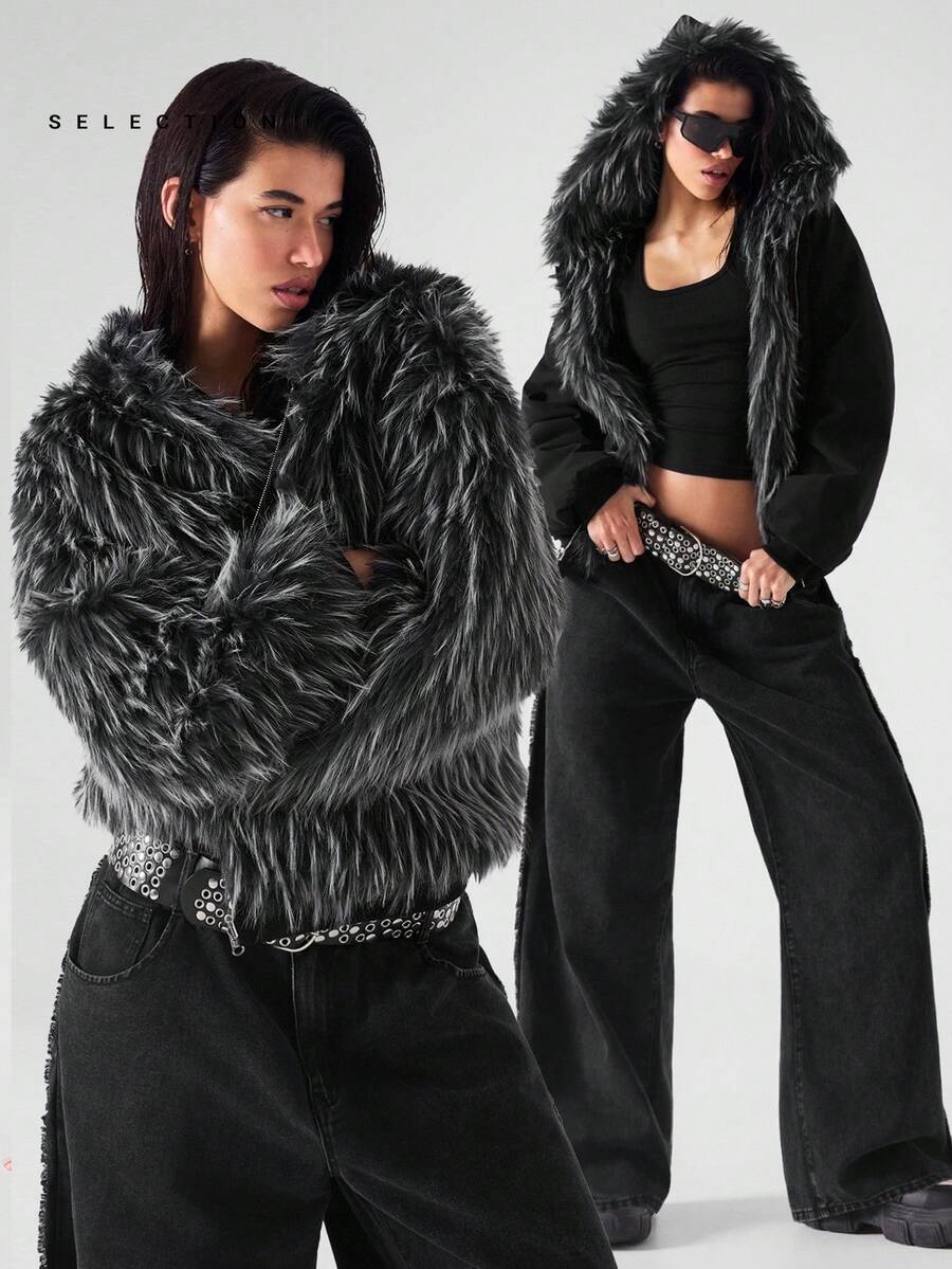 LYSMO SELECTION 2025 New Arrive Minimalism Fall Women's Winter Long Sleeve Zip-Up Hooded Faux Fur Jacket Winter Coat Women Outerwear Hooded Fur Coat Grunge And Punk Chic, Y2K Clothes For Going Out Outfits, Streetwear, And Stockholm Style Halloween Costumes