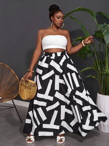Slaydiva Kích thước lớn Đàn hồi Cao eo Đen & Trắng In hoa Kỳ nghỉ Thời gian rảnh rỗi Thanh lịch Váy midi - C - Đen và trắng - Xem 2