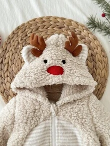 Newborn Baby Girl And Baby Boy Fashion Design Casual Versatile Christmas Cute Apricot Furry Deer Cartoon Pattern Hooded Bodysuit Jumpsuit, Autumn And Winter, Apricot Plush Lining Jumpsuit, Christmas Cute Cartoon Pattern Jumpsuit, Light Khaki Beige Jumpsuit, Fashionable Design Cutting-Edge Fashion Design Can Be Worn Indoors And Outdoors, Simple Style, Suitable For Indoor And Outdoor, Daily, Sports, Play, Party, Photo Shoot, Vacation, Festival
