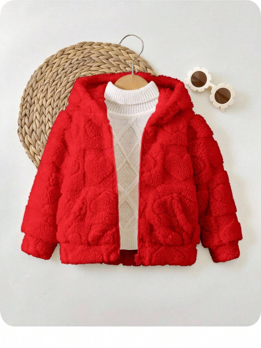 Casual Solid Color Cute Heart Fuzzy Hooded Jacket For Girls Autumn Winter Clothes For Girl - Red - View 1