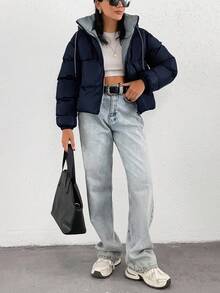 SHEIN Áo khoác hoodie ngắn dày có túi cho nữ mùa đông - Màu xanh hải quân - Xem 4