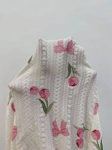 CottageSlumber 女士长袖郁金香图案提花针织连体睡衣，适合秋冬季穿着 - 白色 - 查看 8