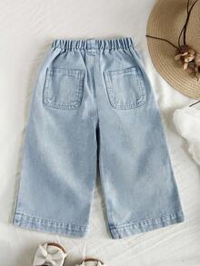SHEIN Vintaside Kids 女婴时尚复古水洗宽松阔腿牛仔裤，舒适时尚，交叉腰带和阔腿设计，适合日常穿着，简约百搭。 - 中等水洗藍 - 查看 2