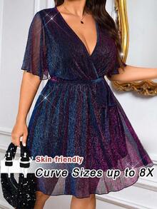 SHEIN CURVE+ 大码女式深 V 领渐变闪光腰部 A 字连衣裙，新年派对风格，中袖 - 紫色 - 查看 1