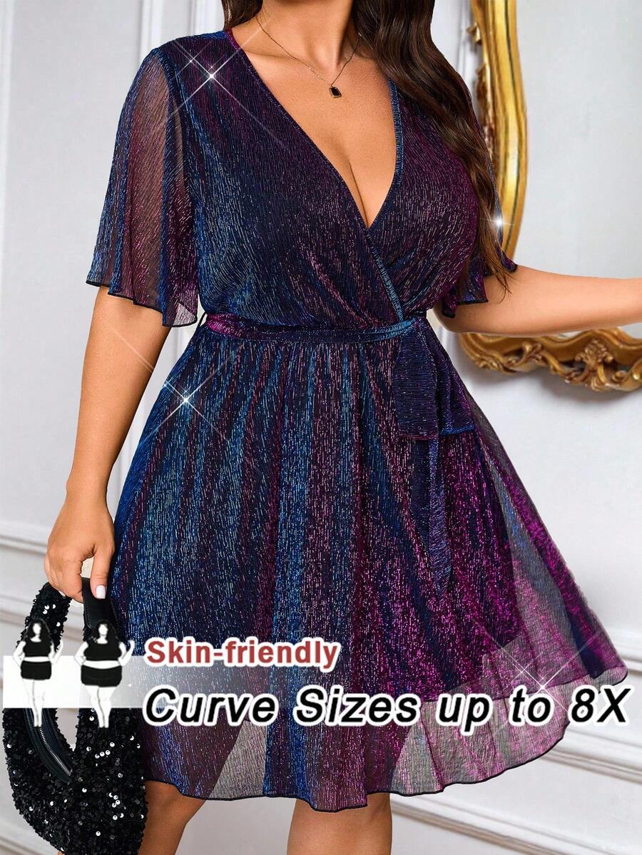 SHEIN CURVE+ 大码女式深 V 领渐变闪光腰部 A 字连衣裙，新年派对风格，中袖 - 紫色 - 查看 1