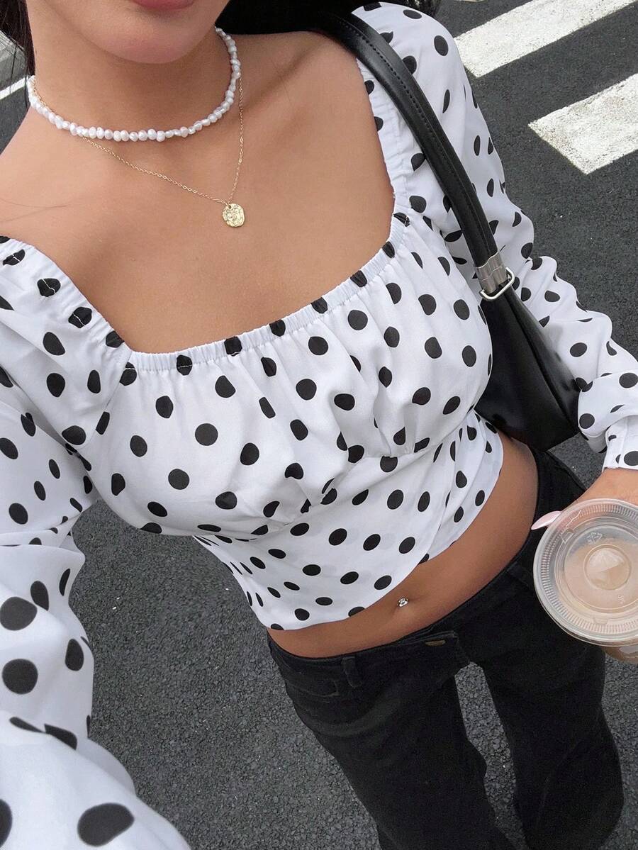 SHEIN Frenchy Blouse de mode à manches longues, col carré, imprimé à pois, plissée pour femmes - Nude - Voir 1