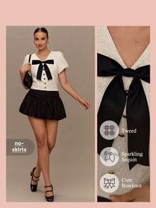 Enchnt Women's Short Puff Sleeve Elegant Bow Tweed Blouse - White - View 1