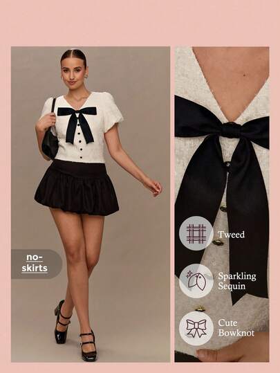 Enchnt Women's Short Puff Sleeve Elegant Bow Tweed Blouse