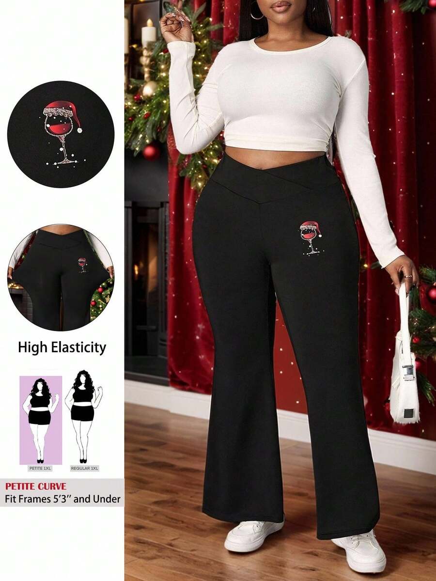 SHEIN PETITE CURVE Legging Wanita Ukuran Plus Petite Motif Gelas Anggur Natal, Pinggang Tinggi dengan Desain Silang, Model Mengembang, Cocok untuk Musim Gugur/Dingin - Hitam - View 1