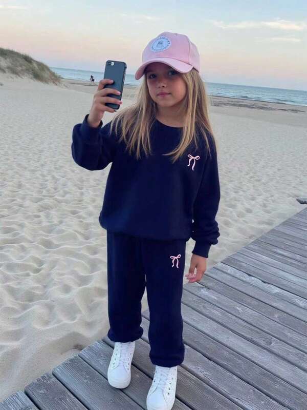 2pcs/Set Young Girls Sweet Style Round Neck Sweatshirt With Pink Bow Print & Casual Pants, Autumn/Winter Fall