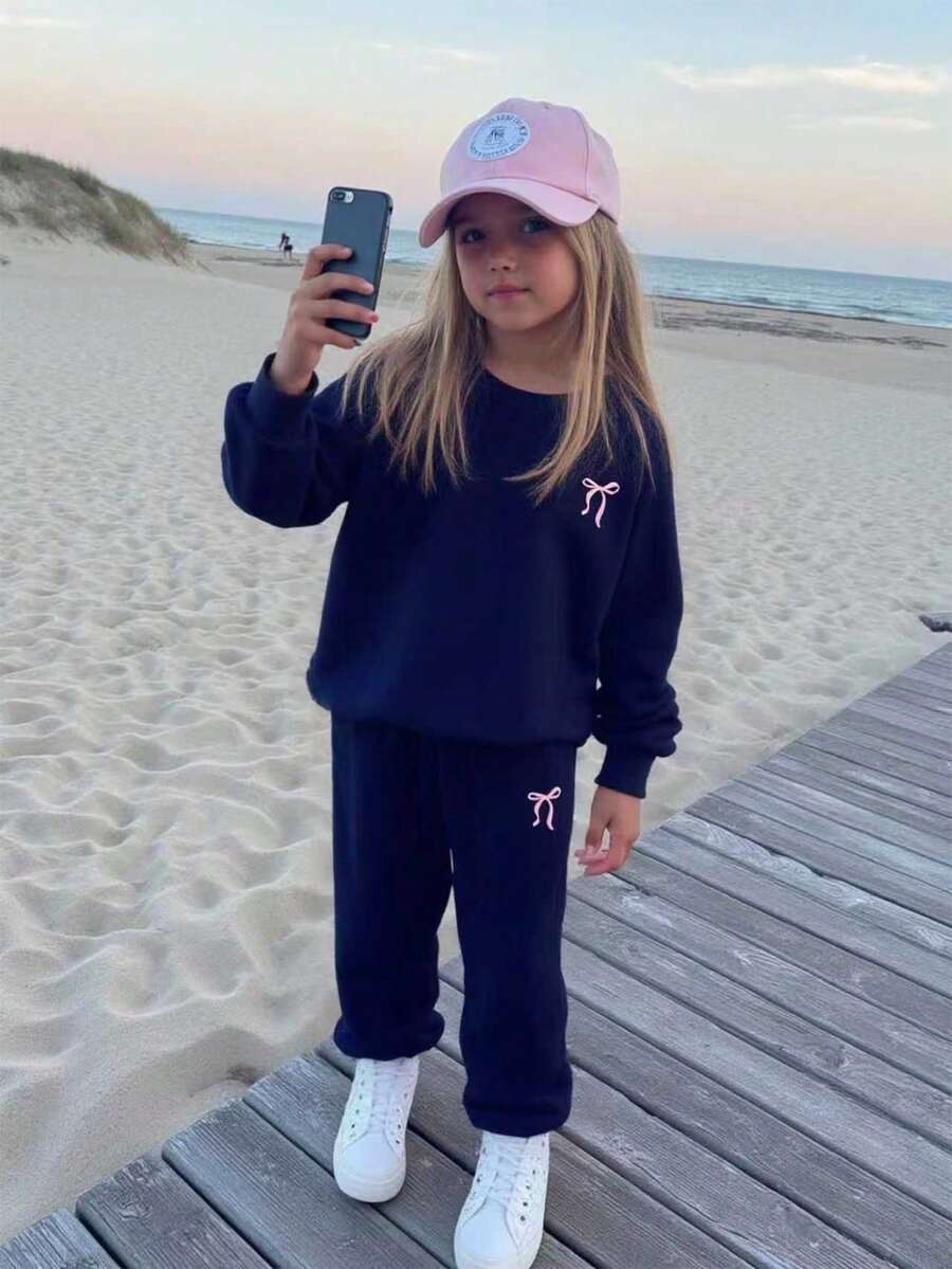 2pcs/Set Young Girls Sweet Style Round Neck Sweatshirt With Pink Bow Print & Casual Pants, Autumn/Winter Fall - Royal Blue - View 1