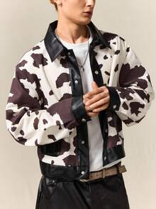 ROMWE MEN Street Life Men Boxy Loose Cow Print Short Jacket, Fall - Brown - View 3