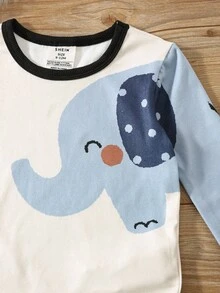 SHEIN 2 件套男婴/女婴卡通动物印花舒适圆领长袖上衣和裤子舒适休闲睡衣套装 - 彩色 - 查看 6