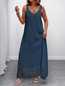 Breezaya 大码女式度假蕾丝边纯色法式连衣裙 - 藏蓝色 - 查看 5