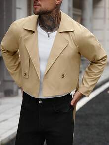 Manfinity Homme 男士纽扣前长袖口袋简约休闲风衣，外穿法兰绒短款风衣，适合送给朋友、丈夫、男朋友的礼物，秋季 - 卡其色 - 查看 8
