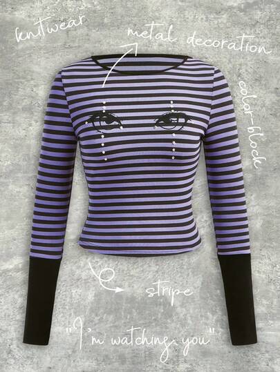 Y2Kool Vecteezy Top corto con cuello redondo de manga larga, con rayas de contraste morado y marrón, efecto metálico de ojos de anime, empalme acanalado, estilo Y2K casual de calle, adecuado para fiestas de otoño/invierno, colección de ropa de estilo diario, nuevos atuendos de Año Nuevo