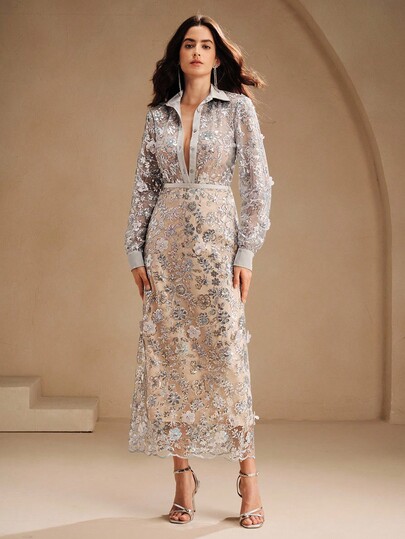 Anewsta Elegant Champagne Floral Embroidered Mesh Long Sleeve Blouse, Suitable For Formal Occasions, Dates, Holidays, Parties - Fall, Summer, Elegant, Chic, New Year, Casual, Christmas