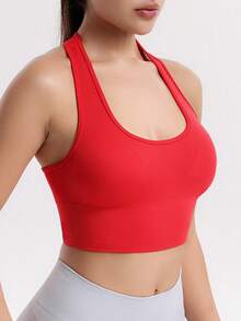 SHEIN Sports 女款極簡純色挖肩式運動內衣，無縫設計 - 紅色 - 查看 3