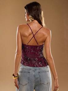SHEIN BAE Women's Sexy Sequin Spaghetti Strap Camisole Top, Summer - Burgundy - View 2
