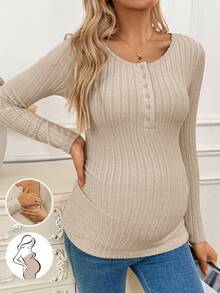 SHEIN Maternity Solid Color Button Half Placket Long Sleeve Casual Nursing Top - Khaki - View 1