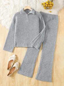 2pcs/Set Casual Teenager Girls Sweater Set, Half V-Neck With Zipper Regular Long Sleeve Loose Top Paired With Matching Wide Leg Pants, Regular Thickness, Loose & Comfortable Minimalist Knit Suit, Suitable For Daily Wear & Home, Autumn/Winter Fall - Grey - View 1