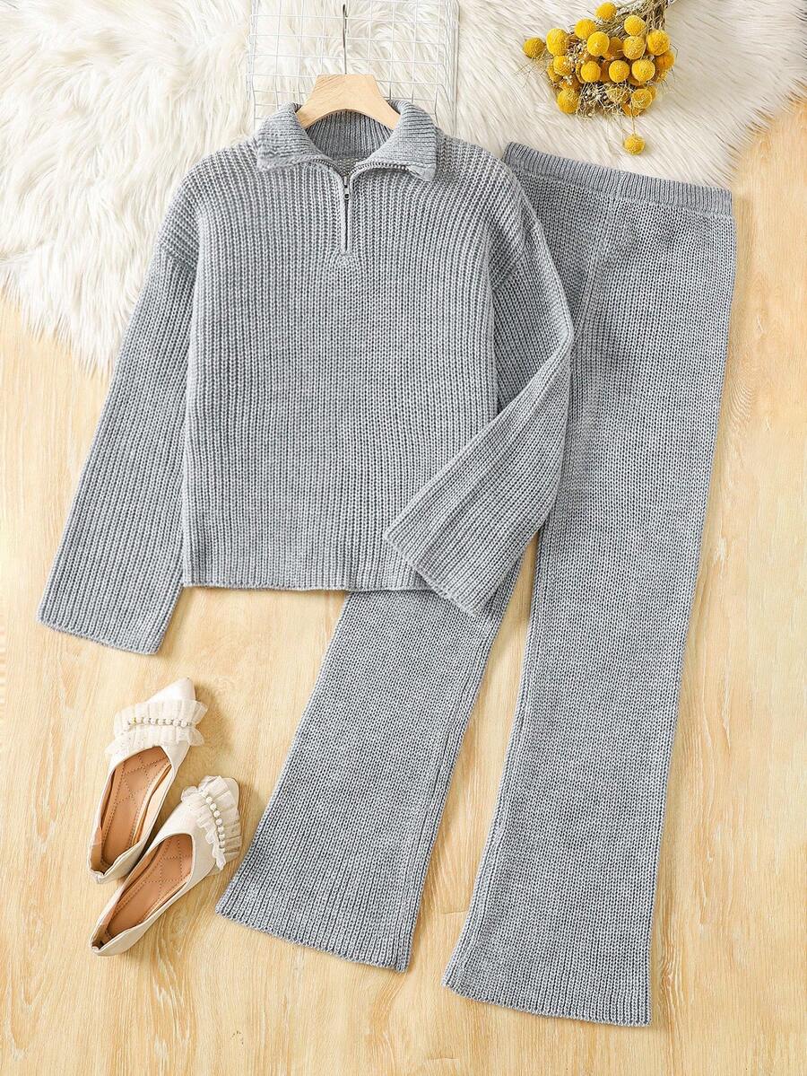 2pcs/Set Casual Teenager Girls Sweater Set, Half V-Neck With Zipper Regular Long Sleeve Loose Top Paired With Matching Wide Leg Pants, Regular Thickness, Loose & Comfortable Minimalist Knit Suit, Suitable For Daily Wear & Home, Autumn/Winter Fall - Grey - View 1