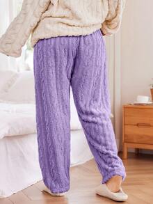 SHEIN Plus Size Women Elastic Waist Jacquard Fleece Fluffy Sleep Pants, Winter, Cozy - Purple - View 2