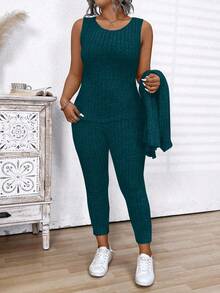 Conjunto casual de mujer talla grande con cárdigan de manga larga acanalado de unicolor, top de tirantes de cuello redondo y pantalones de unicolor - Verde - Ver 5