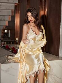 SilkySpell 女士长款两件套睡衣，重工刺绣性感露背仿丝绸睡衣丝绸睡裙缎面睡衣套装内衣睡袍套装缎面睡袍，秋冬服装 - 黃色 - 查看 1