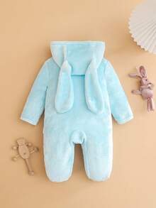 SHEIN 女婴睡衣，可爱柔软蓝色兔子，带睫毛刺绣眼睛和灵活耳朵设计长袖连帽连体衣家居服 - 薄荷藍 - 查看 2