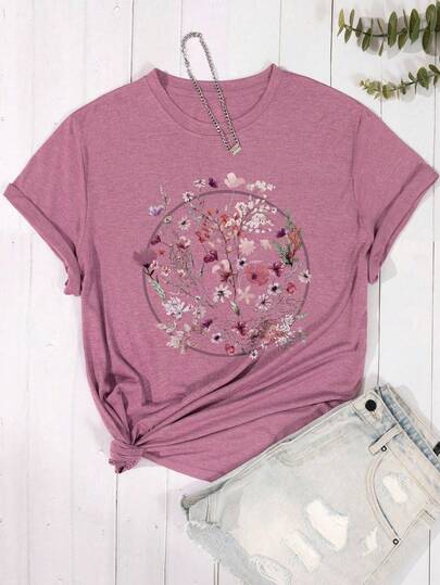 INAWLY Plus Size Women Fashionable Printed Flower Pattern Short Sleeve T-Shirt Graphic Tees Women Tops