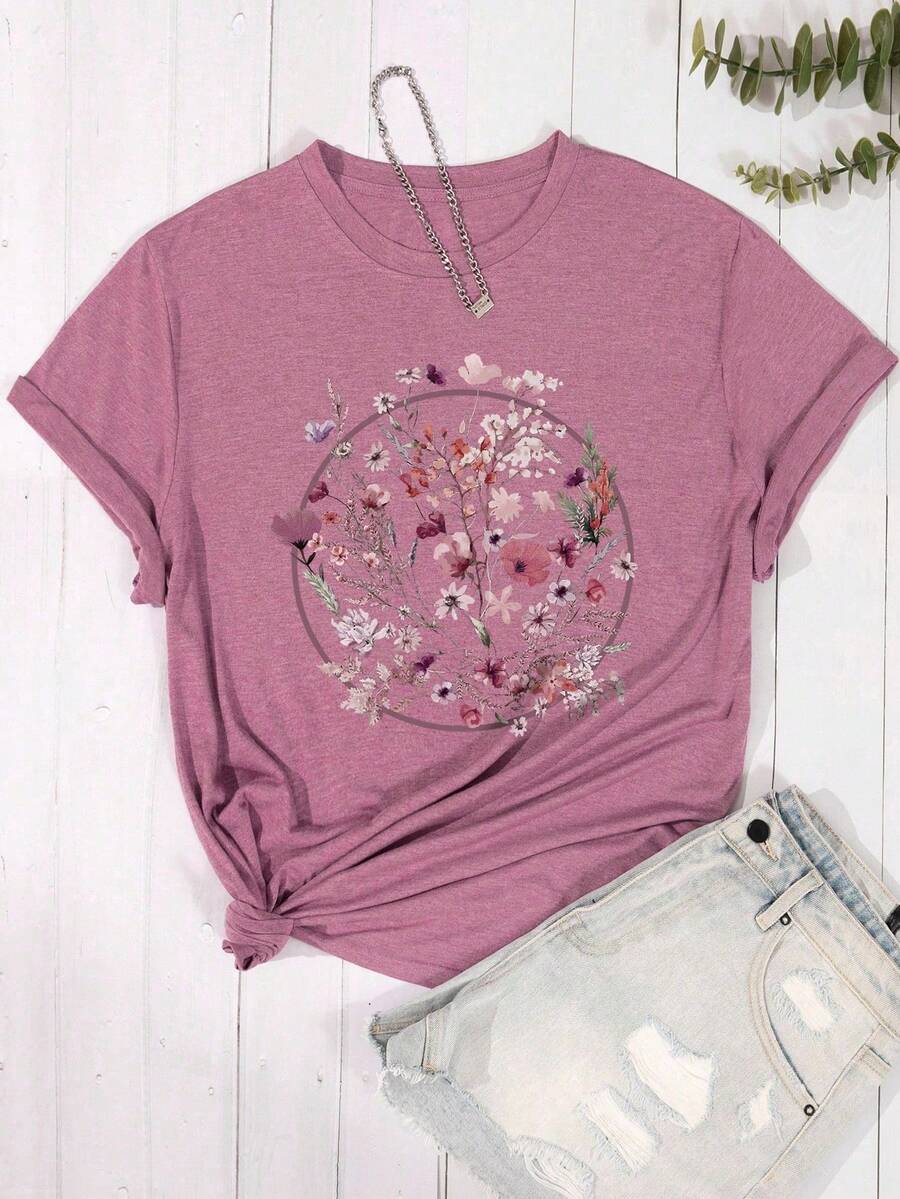 INAWLY Plus Size Women Fashionable Printed Flower Pattern Short Sleeve T-Shirt Graphic Tees Women Tops - Mauve Purple - View 1